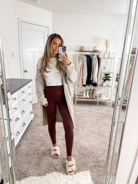 Cozy casual outfit 🥰 worn this around the house yesterday and for a chill dinner with friends at home! Everything is under $70!
+ cardigan: xs 
+ baby tee: xs 
+ leggings: xs 25 inch 
+ furry sandals: true to size 

#LTKfindsunder100 #LTKSeasonal #LTKstyletip