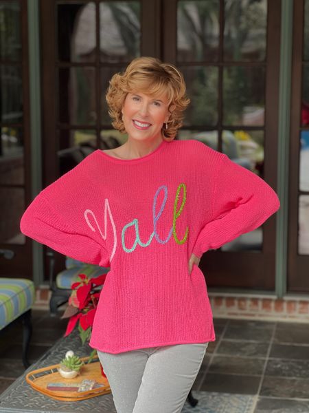 This sweater is the perfect mix of cozy comfort and Southern charm! I love that the word "Y'all" is knitted into the fabric using sparkling tinsel yarn, adding a touch of festive fun. It's 20% off right now and would make a great gift for your favorite Southern gal! I paired it with sparkle silver corduroy jeggings and the $30 silver sequin sneakers I love.

#LTKsalealert #LTKshoecrush #LTKHoliday