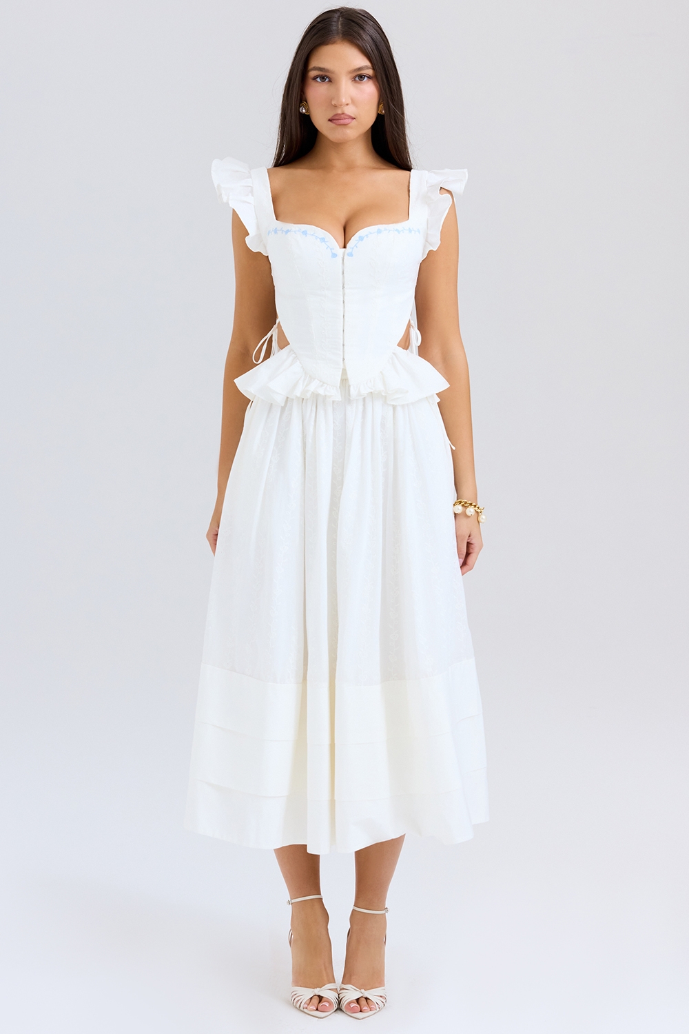 white embroidered cotton midi skirt | House of CB