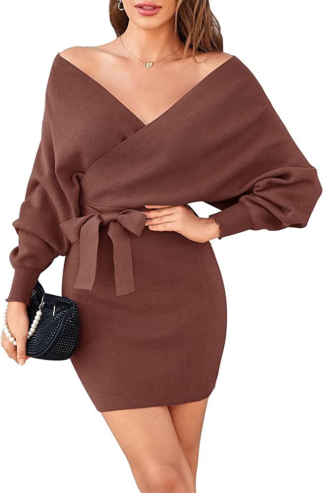 Zonsaoja Women's Sweater Dress Sexy V Neck Long Sleeve Backless Wrap Knitted Mini Dresses | Amazon (US)
