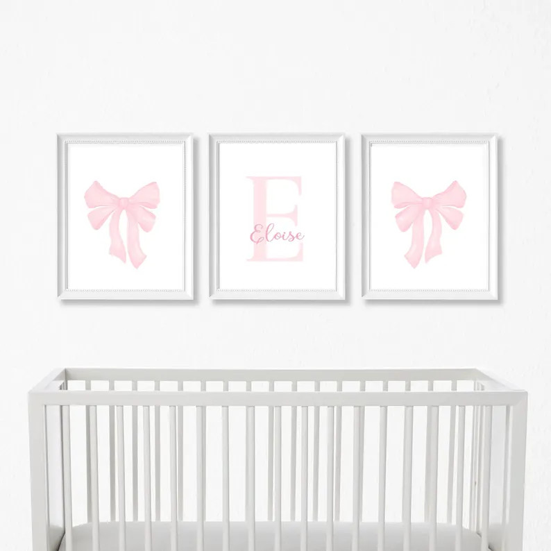 Personalized Pink Bow Art Prints - Set of Three Baby Pink Bow Prints -Baby Girl's Wall Art with N... | Etsy (US)