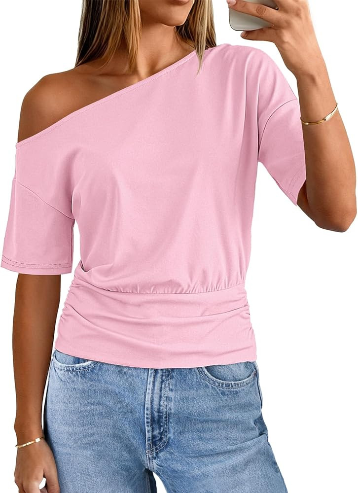 MEROKEETY Women's Off The Shoulder Short Sleeve Tops 2026 Summer Casual Going Out Trendy Y2k T Sh... | Amazon (US)