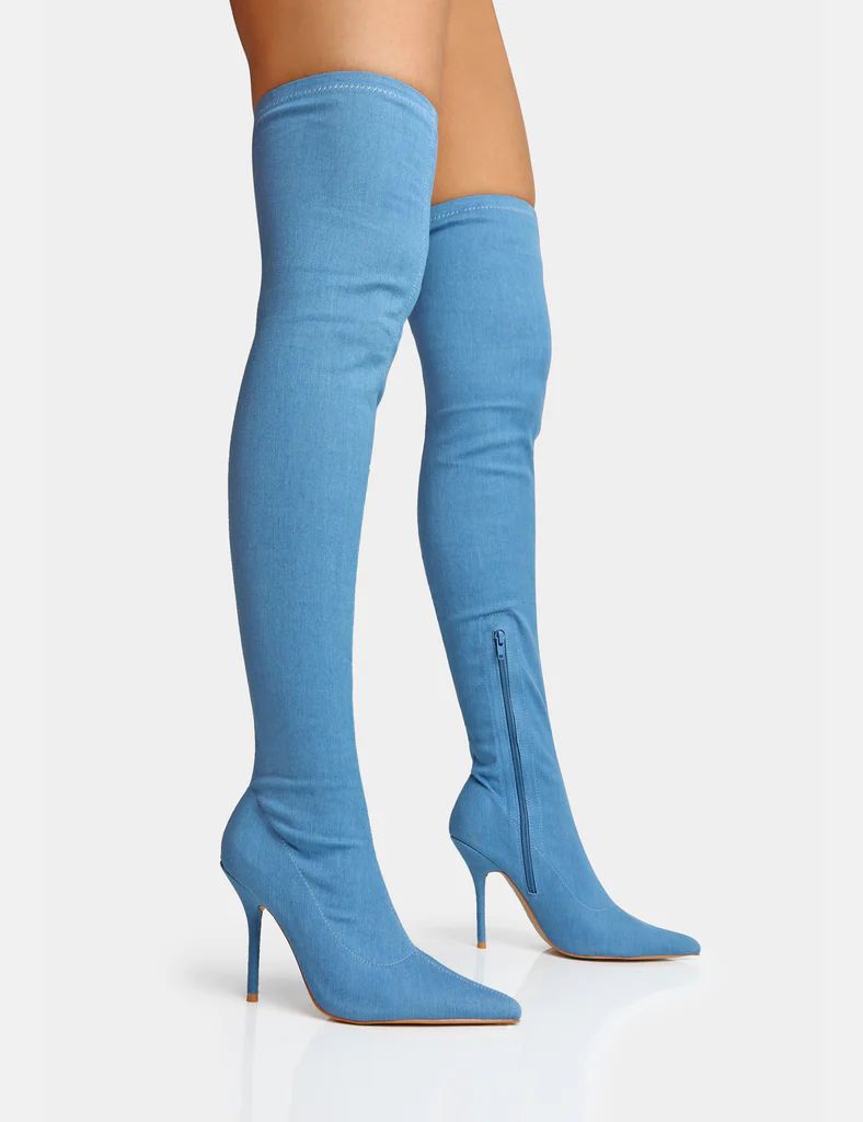 Jodie Blue Denim Seam Detail Pointed Toe Stiletto Thigh High Boots | Public Desire