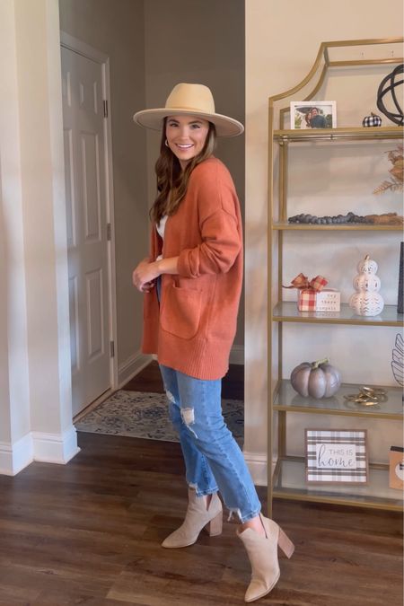 Fall outfit / fall fashion / target style / orange cardigan / fall cardigan / open cardigan / wide brim hat / hat outfit / how to style a hat / pumpkin spice / fall style 

#LTKSeasonal #LTKunder100 #LTKunder50