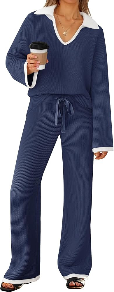 ZESICA Women's Two Piece Sweater Lounge Sets Fall Winter Oversized Knit Pullover Wide Leg Pants O... | Amazon (US)