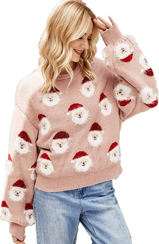 Estink Women Christmas Santa Knitted Sweater Crewneck Long Sleeve Cute Knitted Sweater for Autumn Wi | Amazon (US)