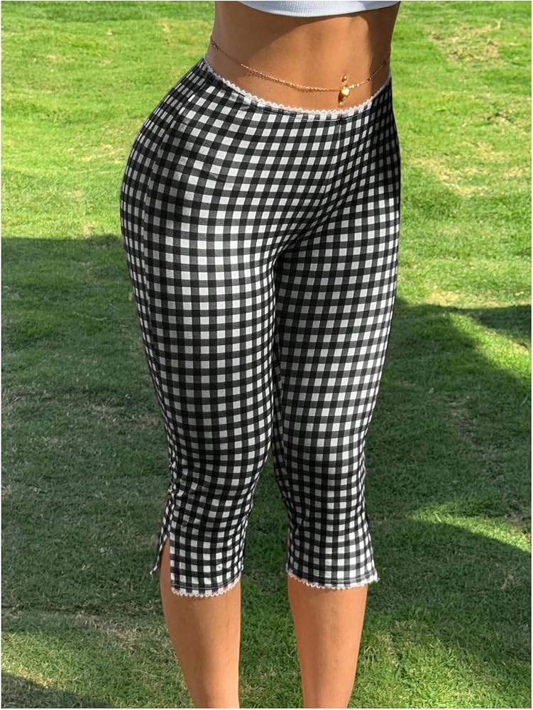 Milumia Women's Plaid Print Capri Leggings Low Waisted Split Hem Cropped Pants | Amazon (US)