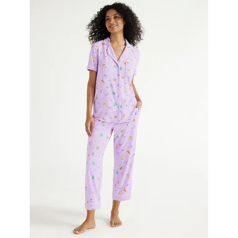 Joyspun Women's Knit Short Sleeve Notch Collar Top and Capri Pajama Set, 2-Piece, Sizes S to 3X | Walmart (US)