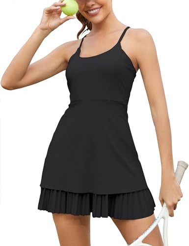 Black Tennis Dress with Built-in Bra Shorts Pockets, Cross Shoulder Straps Athletic Pleated Golf Tennis Dresses for Women with Pockets Black XS | Amazon (US)