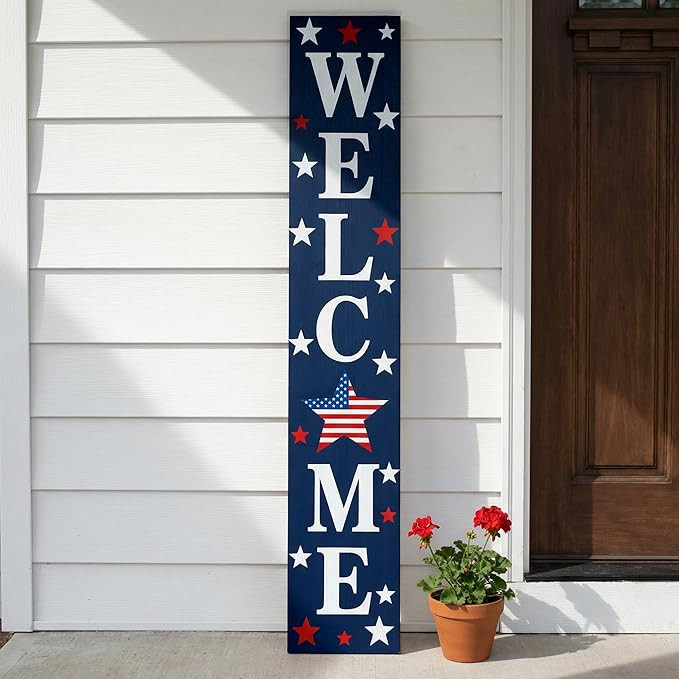 Vertical Patriotic Welcome Porch Sign,4th of July Wooden Decoration for Front Porch,250th Anniver... | Amazon (US)
