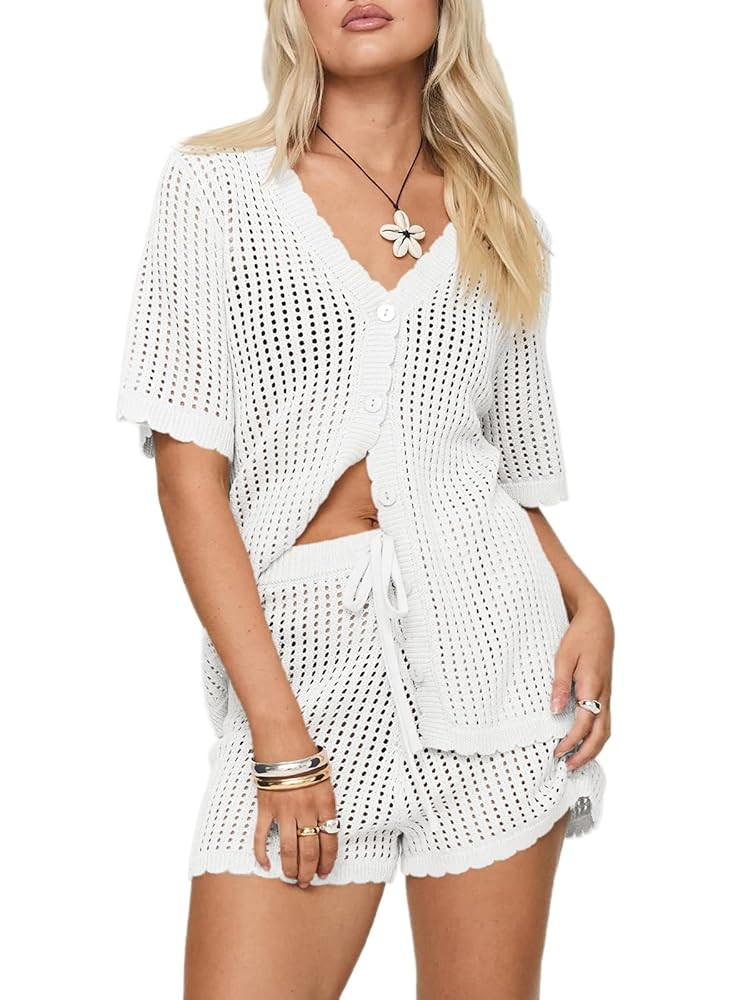 Saodimallsu Womens Crochet Swimsuit Coverup Sets Short Sleeve V Neck Button Tops Drawstring Short... | Amazon (US)