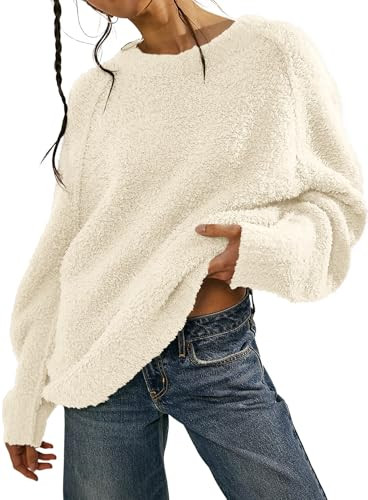 Women's Crewneck Long Sleeve Oversized Fuzzy Knit Chunky Warm Pullover Sweater Top 6108 Light Apicot L | Amazon (US)