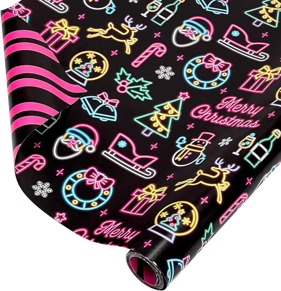 EWES Funny Christmas Wrapping Paper Kids Black Pink Set Rolls Cute Reversible Santa Claus Tree Th... | Amazon (US)