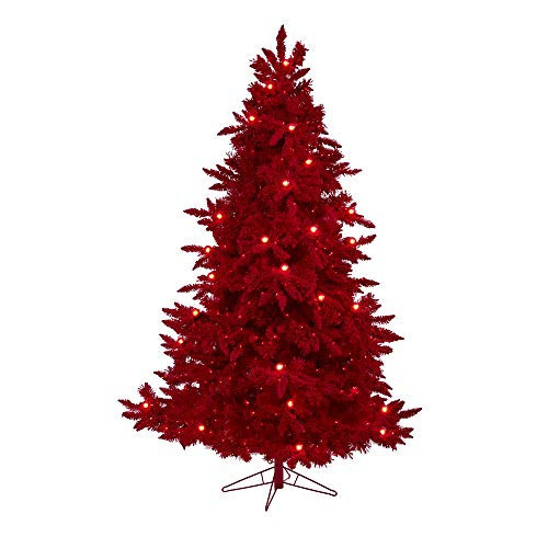 Nearly Natural 7ft. Red Flocked Fraser Fir Artificial Christmas Tree with 500 Red Lights, 40 Globe Bulbs and 1039 Bendable Branches | Amazon (US)