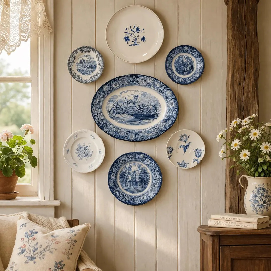 Vintage Blue and White Plate Gallery Wall 7 Piece Transferware & Floral China, English Ironstone | Etsy (US)