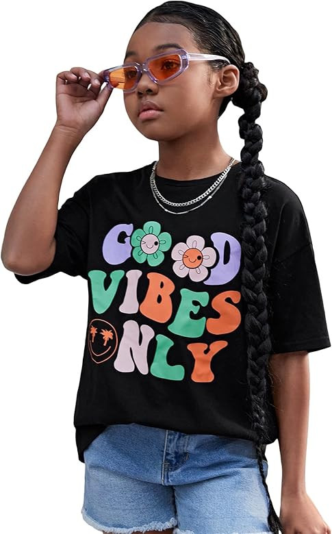 COZYEASE Girl's Letter Graphic Oversized T Shirts Drop Shoulder Short Sleeve Cute Shirts Loose Te... | Amazon (US)