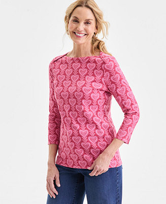 Women's Printed Pima Cotton 3/4 Sleeve Boat-Neck Top, Macy's Exclusive | Macy's