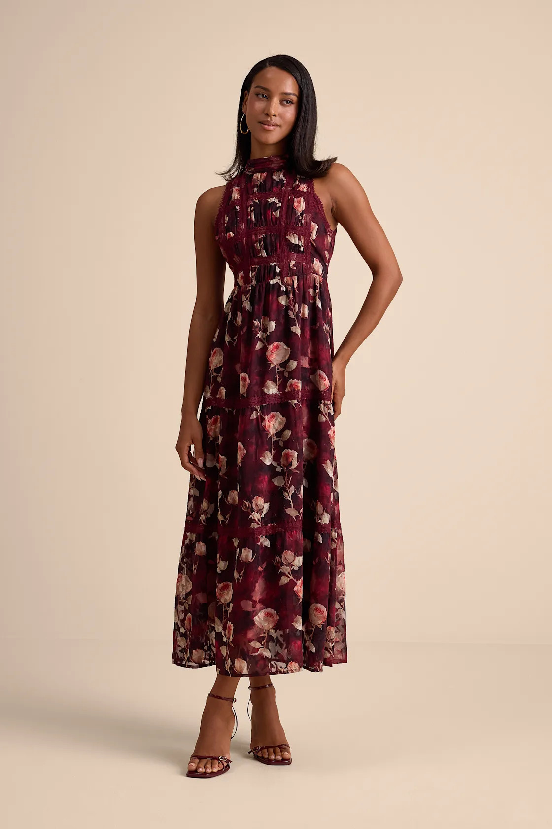 Etheline Burgundy Floral Lace Tiered Midi Dress | Lulus