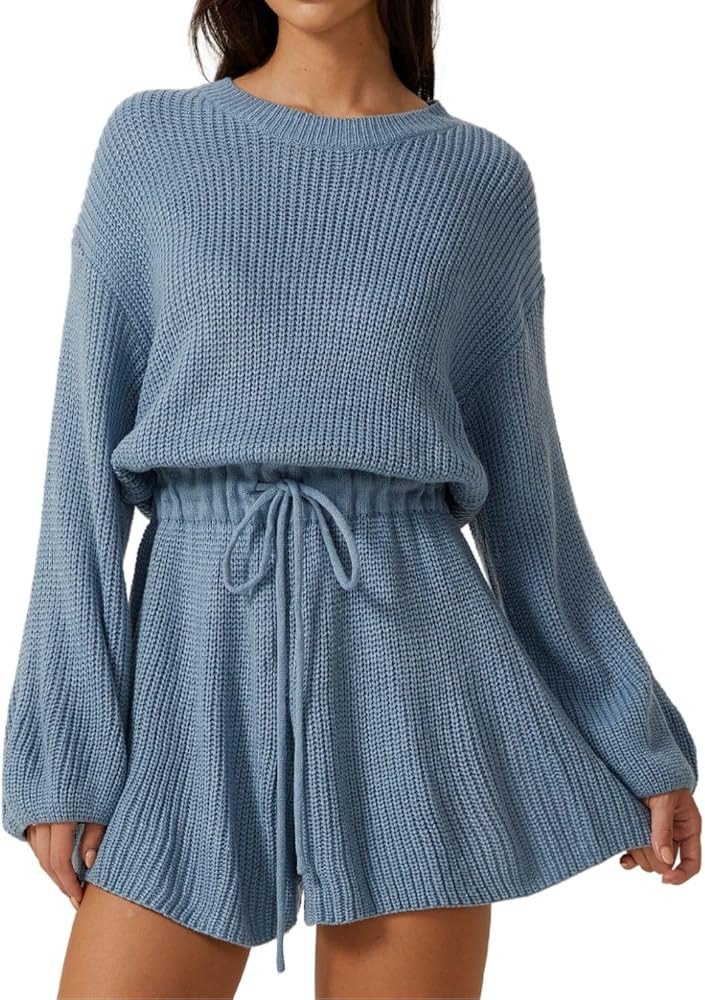 Meyeeka Knit Romper for Women Long Sleeve Wide Leg Sweater Casual Loose Drawstring Short Jumpsuit | Amazon (US)