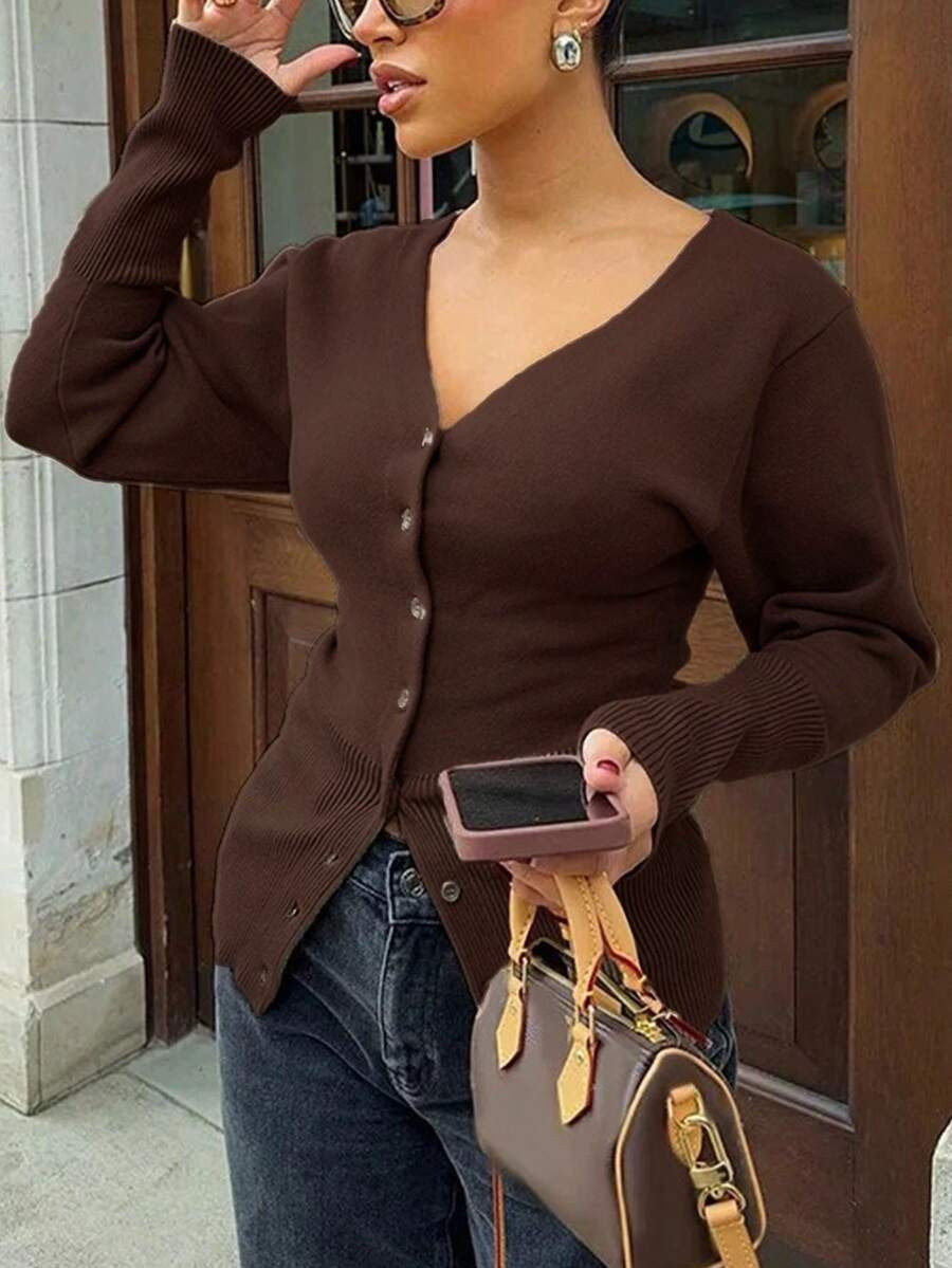 For Love & Bella Plus Size Women Sexy Elegant Deep V-Neck Solid Brown Knit Cardigan Sweater Top, ... | SHEIN