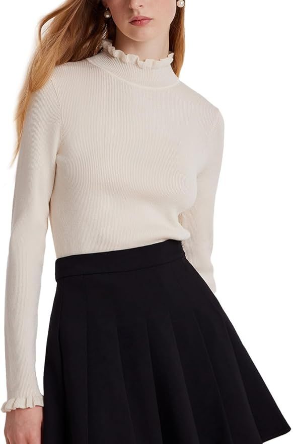 GOELIA Womens Cream White Machine Washable Wool Ruffle Mock Neck Sweater for Fall and Winter Pull... | Amazon (US)