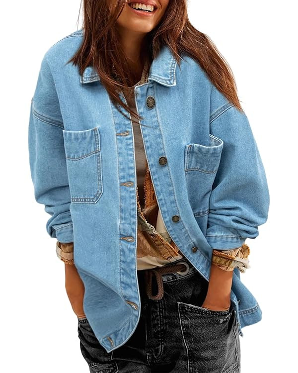 Sidefeel Women's Jean Jacket Oversized Boyfriend Button Up Long Sleeve Split Zimbaplatinum Denim ... | Amazon (US)