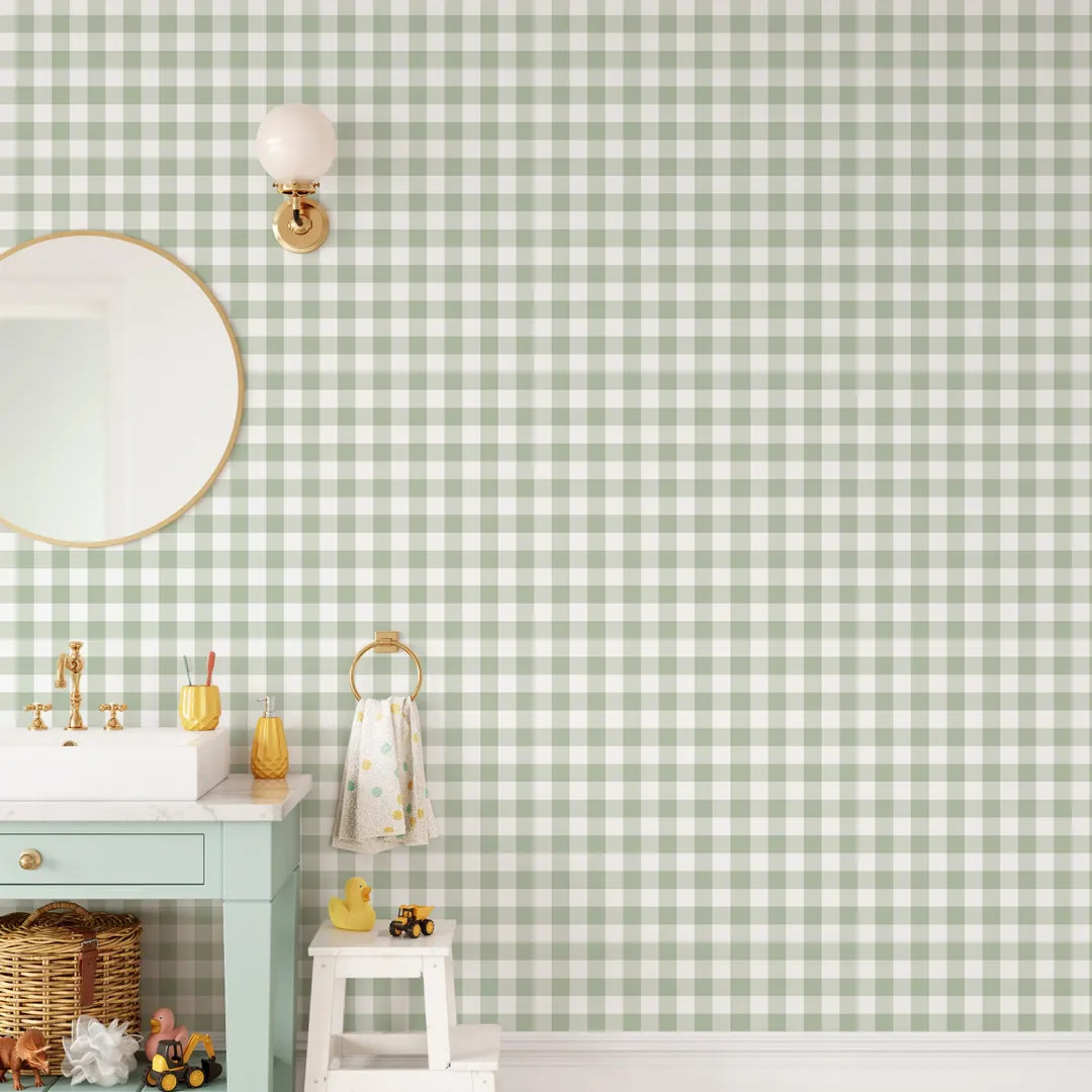Green Gingham Plaid Peel and Stick Nursery Wallpaper, Removable Kids Room Wall Mural Wallpaper | Etsy (US)