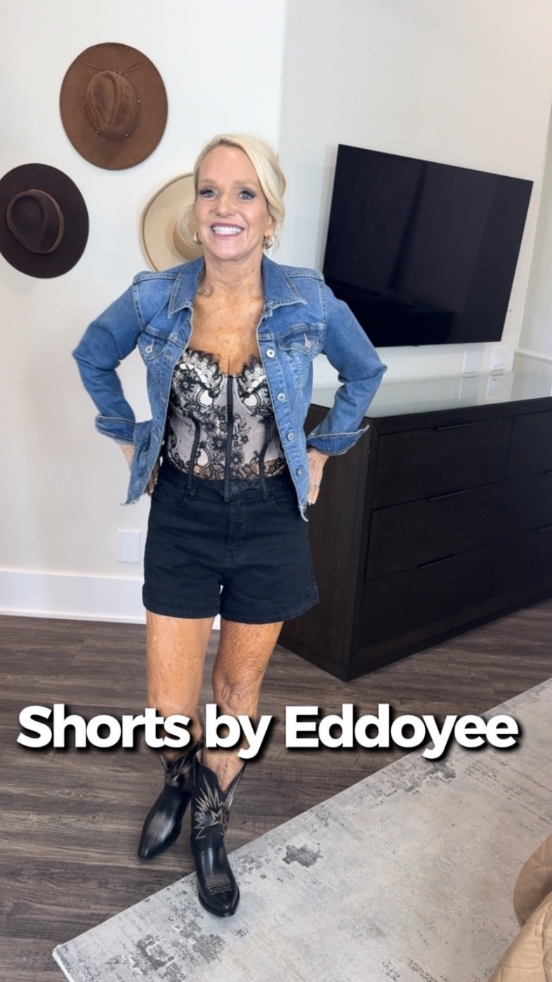 You didn’t hear it from me but… these EDDOYE black denim shorts just changed the whole vibe 🖤✨ Paired them with a black bustier, cowboy boots, oversized denim jacket, and a messy twisted updo for that effortless edgy look we all love. These shorts fit SO good and give that cool-girl style without even trying. Definitely one of my favorite pieces to dress up or down 🤠🖤@Eddoyee

#LTKStyle #LTKFashion #BlackDenimShorts #CowgirlStyle #WesternChic #EdgyStyle #OOTD #AmazonFashion #DenimStyle #EverydayStyle #CasualChic #SummerFashion #FashionFinds #EffortlessStyle #LTKFinds