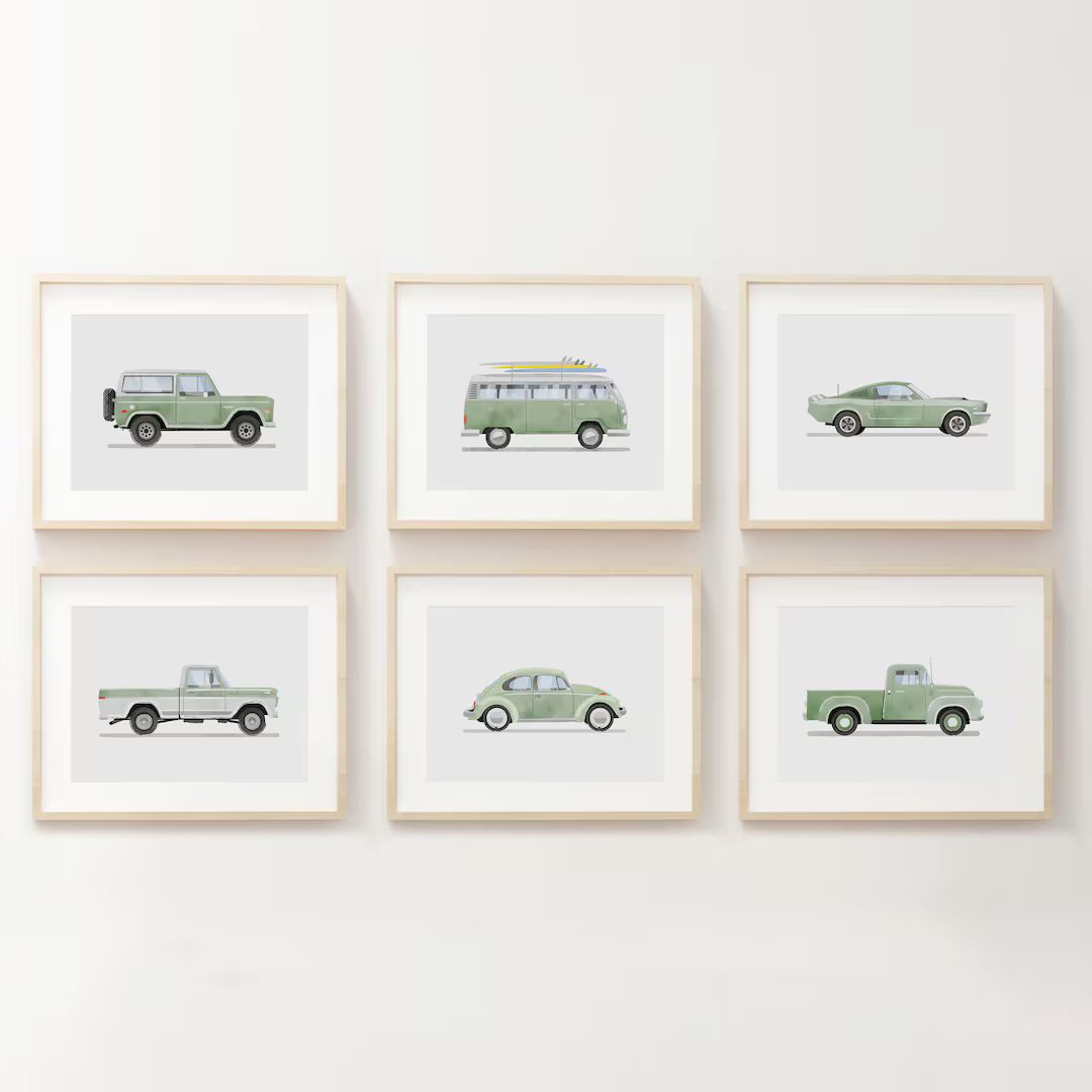 Set of 6 Vintage Sage Green Vehicle Prints, Boys Room Decor, Retro Car Prints for Boys Room,kids ... | Etsy (US)