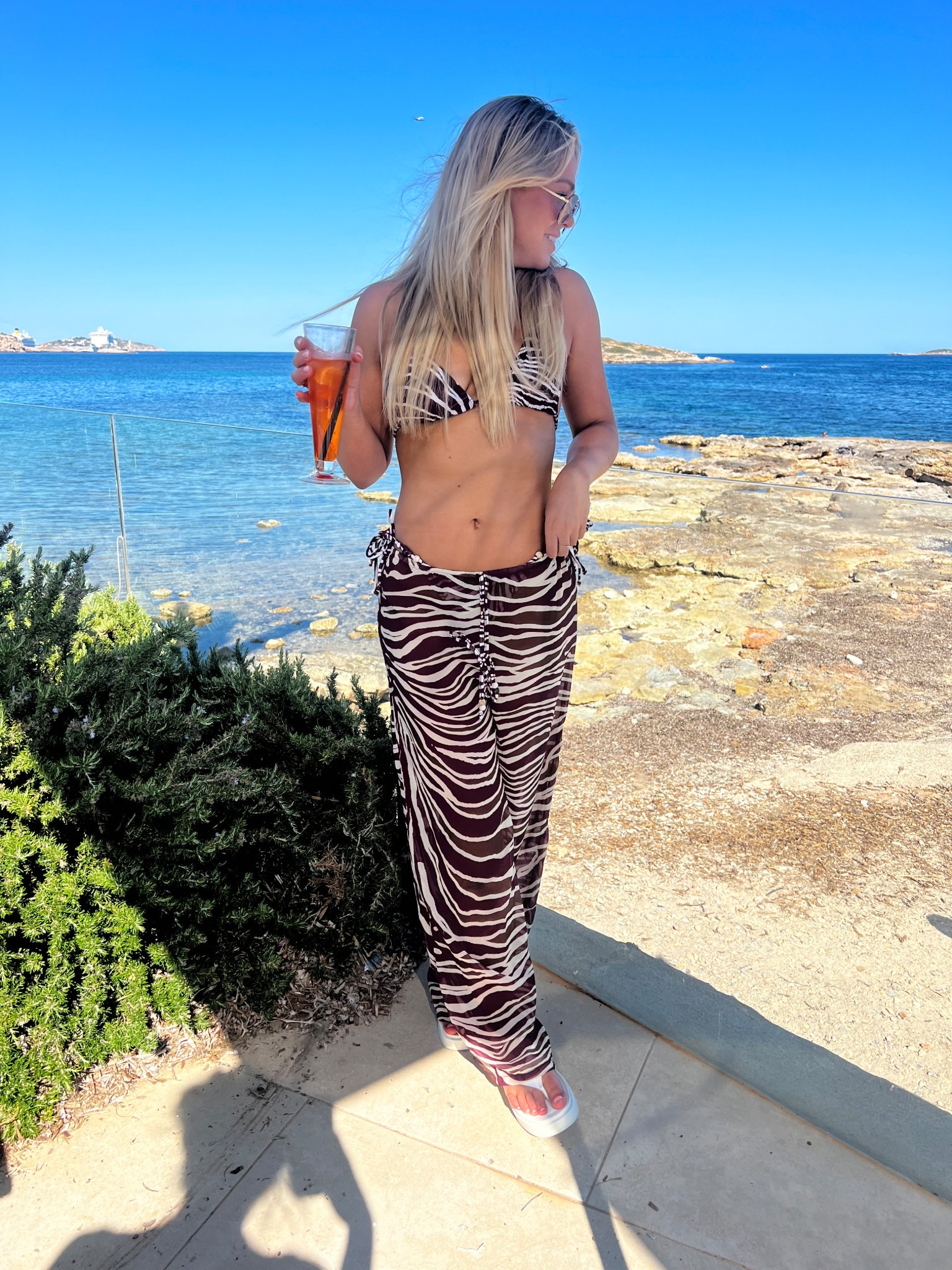 Summer vacation outfit; bikini set with cover up pants; zebra bikinii