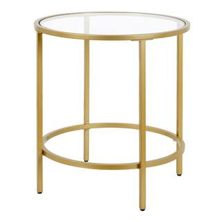 Sivil 20 in. Brass Finish Round Glass Top End Table | The Home Depot