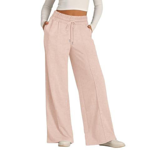 Wide Leg Sweatpants Women Elastic High Waisted Baggy Sweat Pants Comfy Oversized Loose Joggers with Pockets Women's Joggers Grey Sweatpants for Women Straight Leg Sweatpants for Women Beige, Large | Amazon (US)