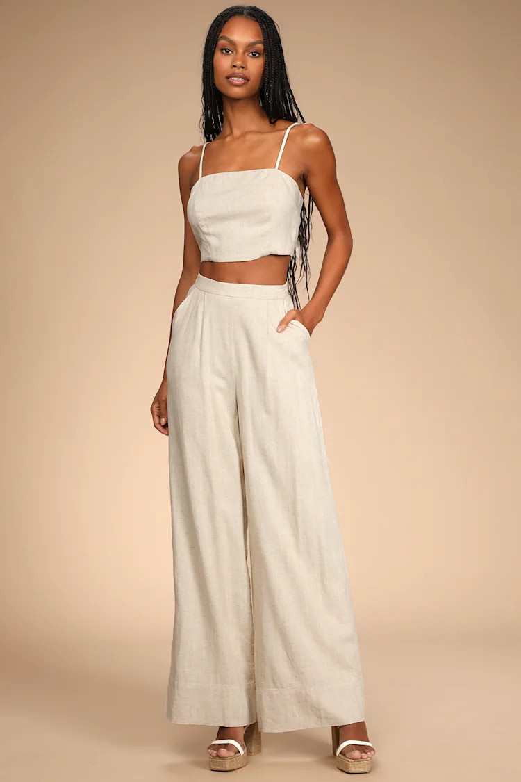 Chic Suggestion Beige Linen Tie-Back Two-Piece Jumpsuit | Lulus (US)