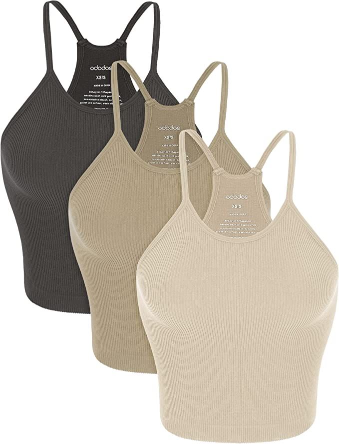 ODODOS Women's Crop 3-Pack Washed Seamless Rib-Knit Camisole Crop Tank Tops | Amazon (US)