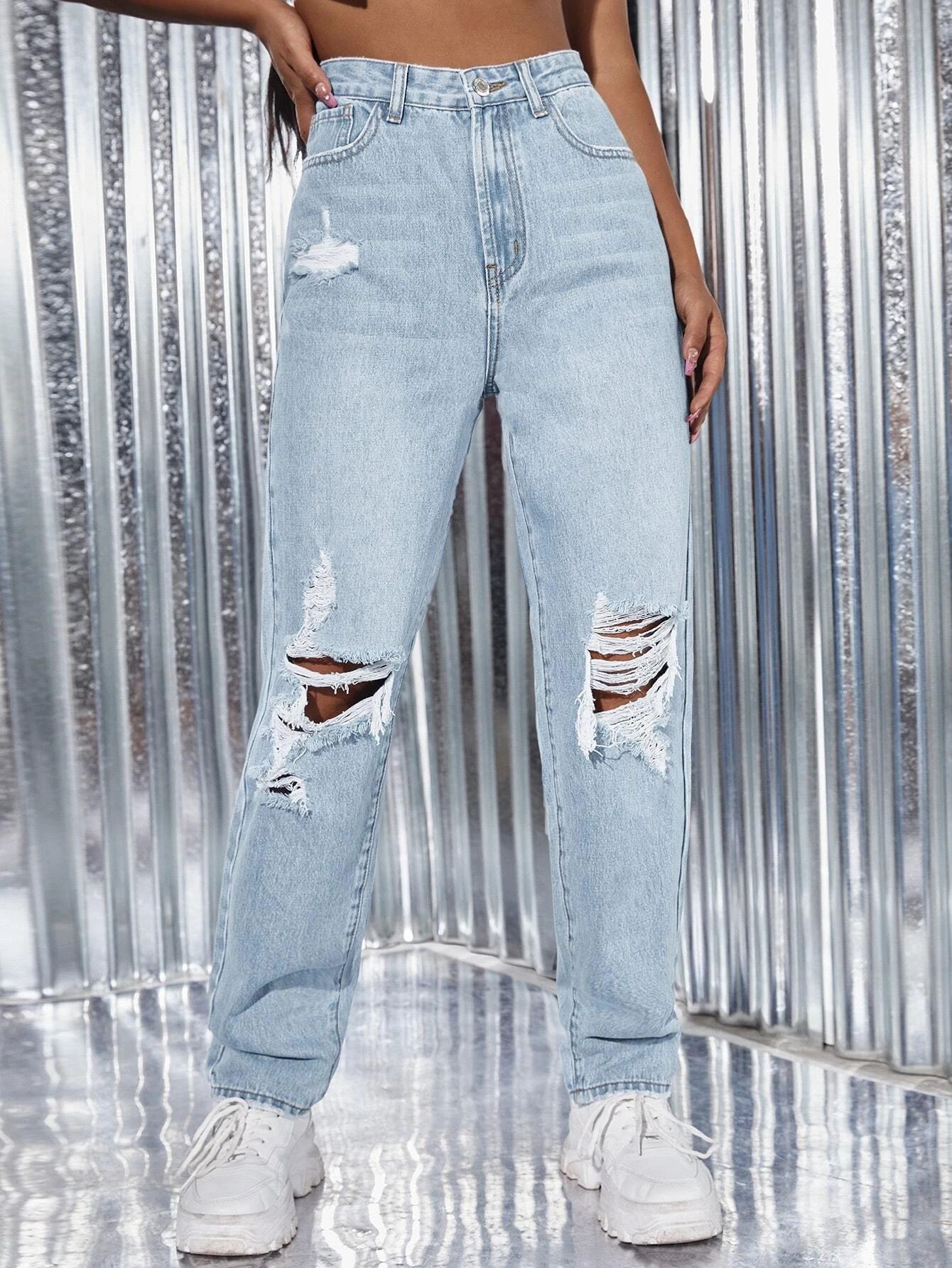 Light Wash Ripped Detail Straight Leg Jeans | SHEIN