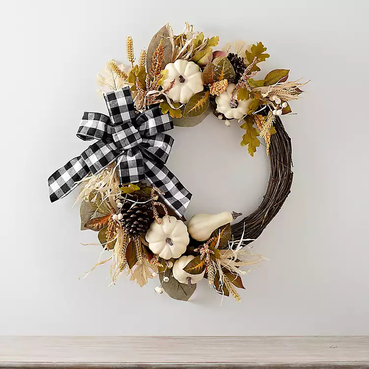 Navy and Cream Buffalo Check Pumpkin Half Wreath | Kirkland's Home