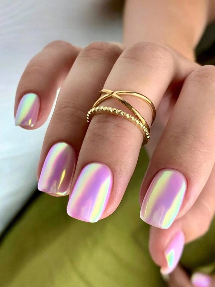 24pcs Short Square Press On Nails - Cool Metallic Chrome Pink False Nails | Punk Metal Chrome Fin... | SHEIN