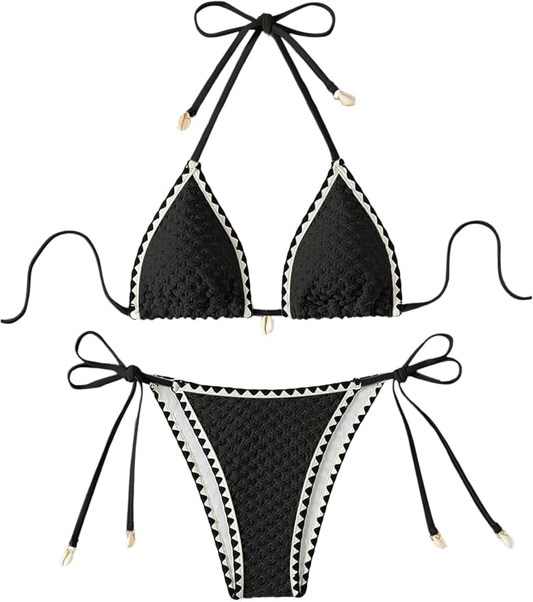 SHENHE Women's 2 Piece Triangle Tie Side Beach Bikini Sets Geo Print Halter Swimsuit Bathing Suit | Amazon (US)
