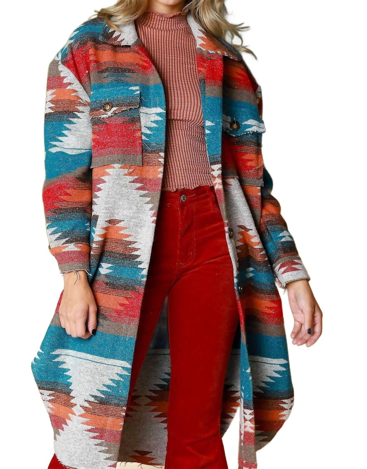Aztec Pattern Long Jacket In Rust/ Turquoise | Shop Simon