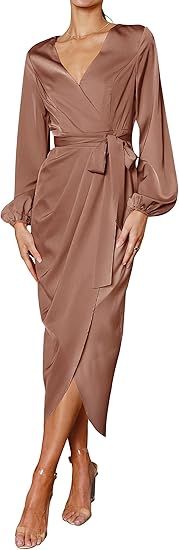 dowerme Women's Satin Dress 2023 Casual Wrap V Neck Long Sleeve Belted Zipper Slit Silk Midi Body... | Amazon (US)