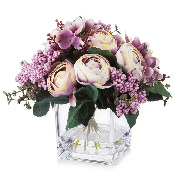 Enova Home Artificial Mixed Silk Ranunculus Fake Flowers in Cube Glass Vase with Faux Water for H... | Bed Bath & Beyond