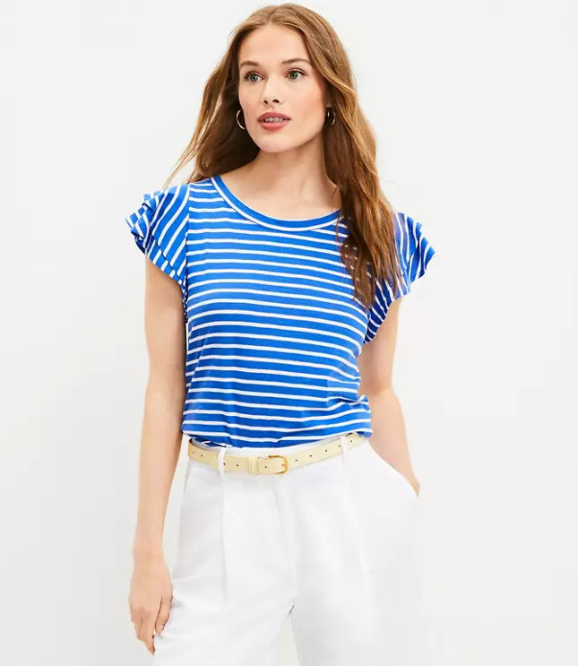 Striped Tiered Ruffle Sleeve Tee | LOFT
