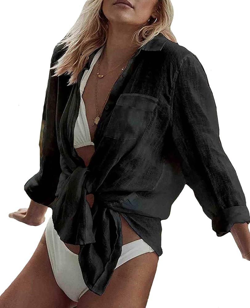 Bestyyou Women's Bikini Swimsuit Cover Up Swimwear Long Sleeve V-Neck Blouse Pocket Button Down B... | Amazon (US)