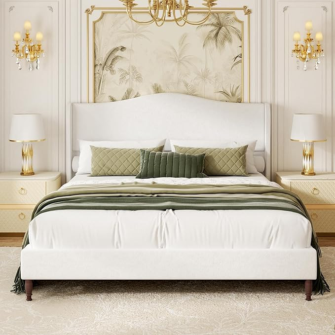 Queen Size Upholstered Platform Bed Frame, 51" Tall Chenille Fabric Headboard with Classic Curved... | Amazon (US)