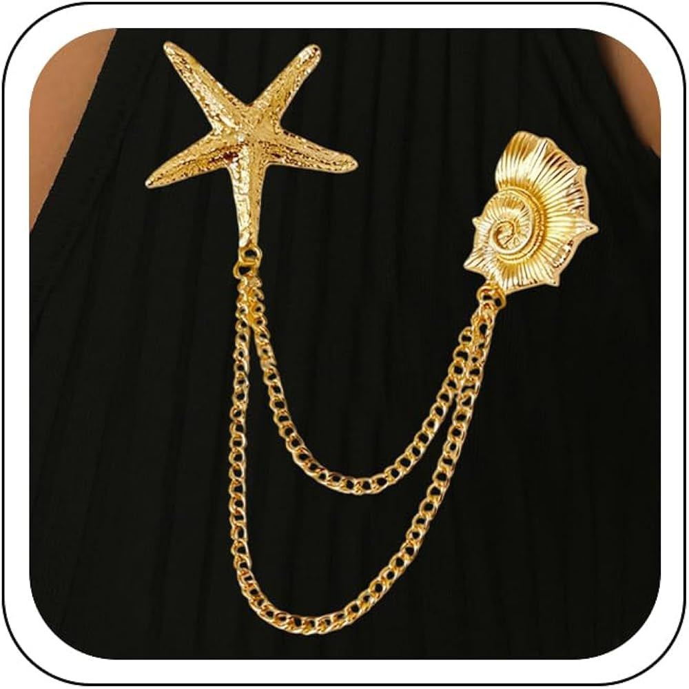 Gold Starfish Conch Pins Brooch Lapel Pin, Delicate Thin Chain Sea Star Shell Broochs for Women B... | Amazon (US)