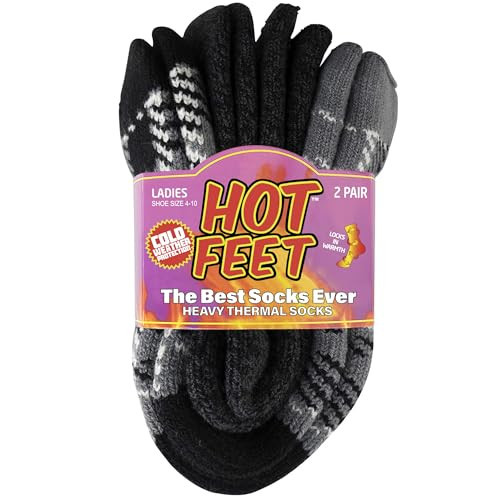 HOT FEET Thermal Socks For Women for Cold Weather – Thick Warm Winter Hiking Heat Insulated Socks, Women’s sizes 4–10.5, 2 PACK, Heather Black/Plaid Gray | Amazon (US)