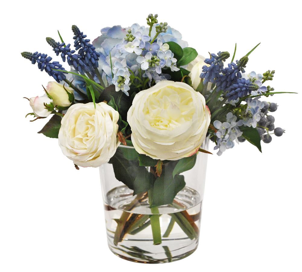 Faux Hydrangea &amp;amp; Rose Mixed Blue Composed Arrangement, Glass Round Vase - 12&amp;quot; | Pottery Barn (US)