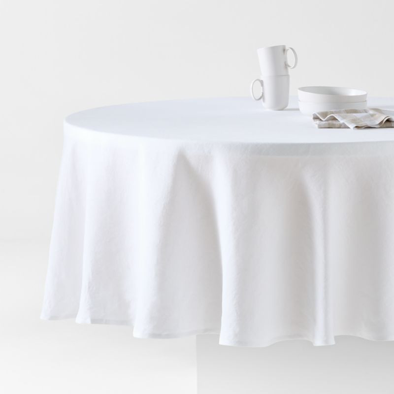 Marin 100" Round White EUROPEAN FLAX -Certified Linen Tablecloth | Crate & Barrel | Crate & Barrel