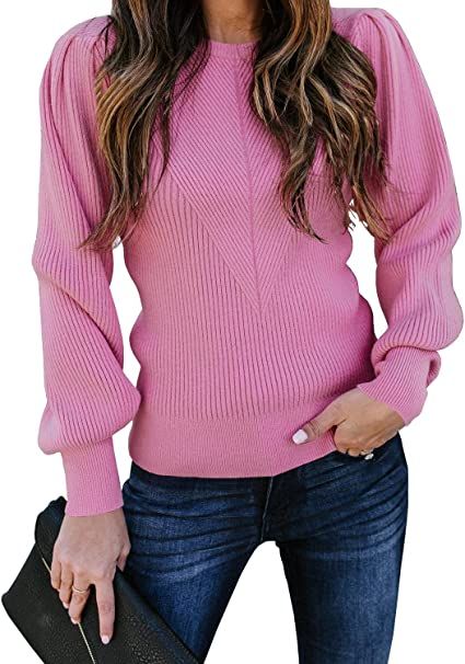 Huiyuzhi Womens Puff Sleeve Pullover Sweaters Crew Neck Soft Slim Fit Solid Color Knitted Jumper | Amazon (US)