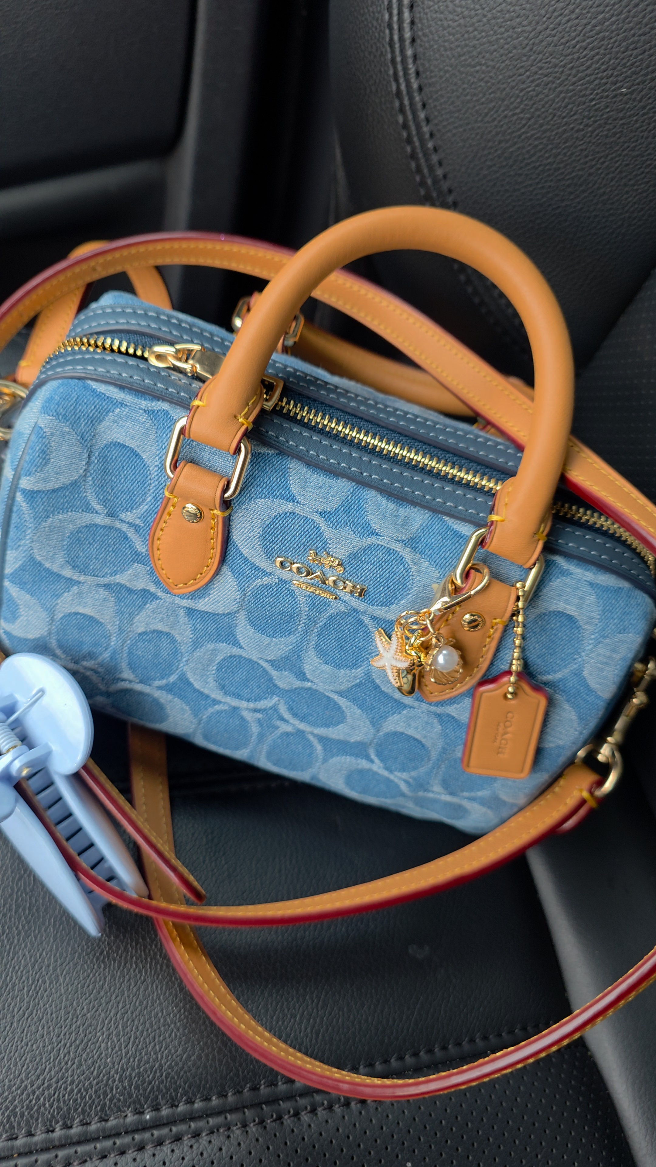 Bag, charm, denim bag and accessories for today.

